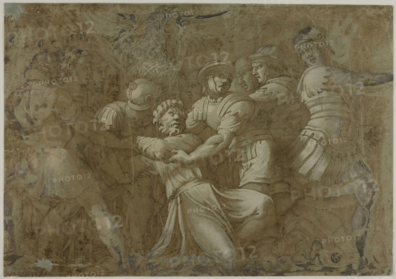 Roman Soldiers Arresting Saint Peter (?), n.d., After Polidoro Caldara, called Polidoro da Caravaggio, Italian, c. 1499-c. 1543, Italy, Pen and brown ink with brush and brown wash, heightened with lead white (partly oxidized), on blue-gray laid paper, laid down on blue laid paper, 266 x 381 mm
