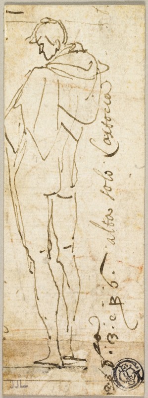 Standing Male Nude, 1680/99, After Andrea del Sarto, Italian, 1486-1530, Italy, Pen and brown ink, on ivory laid paper, laid down on ivory laid paper, 125 x 46 mm