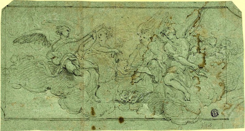 Musician Angels in Clouds (recto), Seated Cleric (verso), n.d., Possibly Guido Reni, Italian, 1575-1642, Italy, Black chalk, heightened with traces of white chalk (recto and verso), on blue laid paper, 158 x 295 mm
