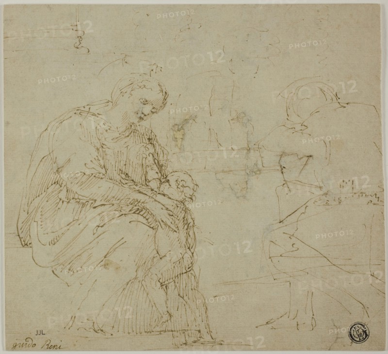 Sketches of Virgin and Child, Seated Figure, and Landscape, c. 1530, Attributed to Vincenzo Tamagni, Italian, 1492-c. 1530, Italy, Pen and brown ink on tan laid paper, laid down on cream wove board, 170 x 185 mm