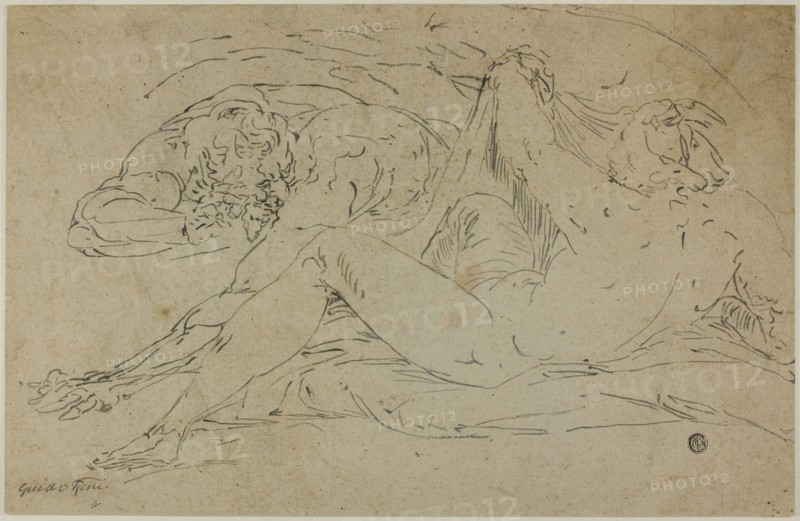 Nymph and Satyr, after 1560, Follower of Luca Cambiaso, Italian, 1527-1585, Italy, Brush and gray ink with traces of pen and brown ink, on buff laid paper, laid down on ivory laid paper, 263 x 408 mm