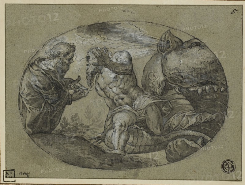 Jonah Cast Up by the Whale, 17th century, After Jacopo Robusti, called Tintoretto, Italian, 1519-1594, Italy, Pen and black ink, and brush and black and gray wash, heightened with white gouache, on blue laid paper, perimeter mounted on cream laid card, 128 x 174 mm (max.)