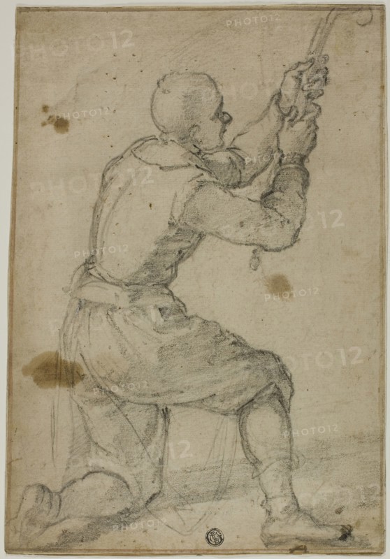 Man on Bended Knee, Pulling on Rope, c. 1604, Bernardino Poccetti, Italian, 1548-1612, Italy, Black chalk on cream laid paper, 305 x 212 mm (max.)