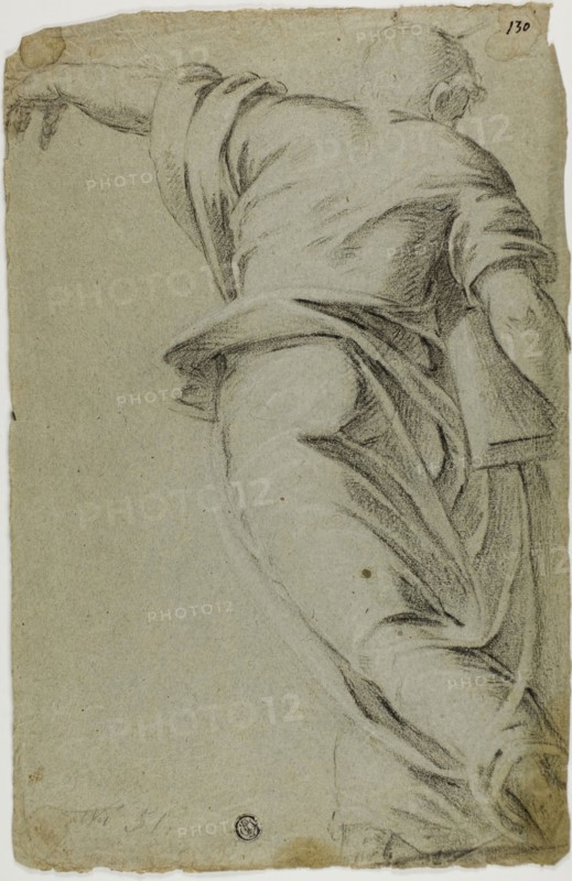 Moses Striding to the Left, Pointing with Left Hand, n.d., After Jacopo Robusti, called Tintoretto, Italian, 1519-1594, Italy, Black chalk heightened with white chalk, on blue gray laid paper, 308 x 200 mm (max.)