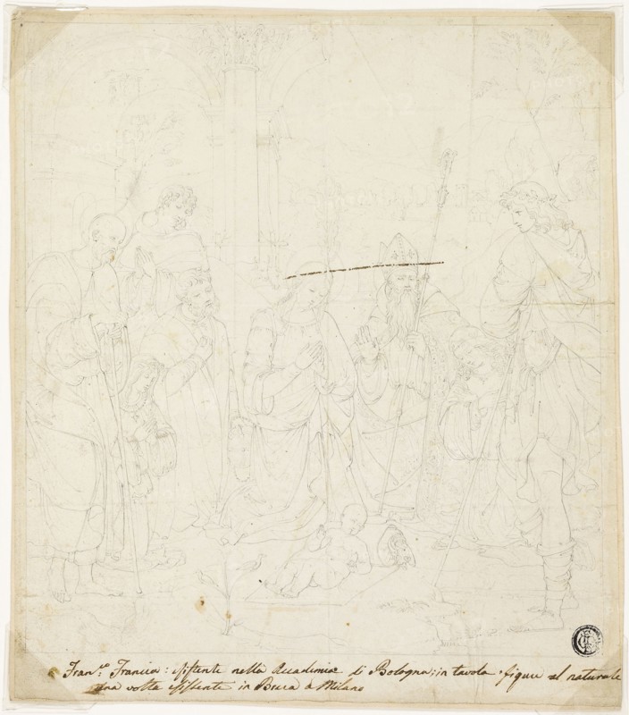 Adoration of the Christ Child, with Saints Joseph, Francis of Assisi, and Augustine, attended by Anton Galeazzo Bentivoglio and Alessandro Bentivoglio, c. 1820, After Francesco Raibolini, called Il Francia, Italian, c. 1450-1517/18, Italy, Graphite on ivory wove paper, laid down on cream wove paper, 224 x 198 mm
