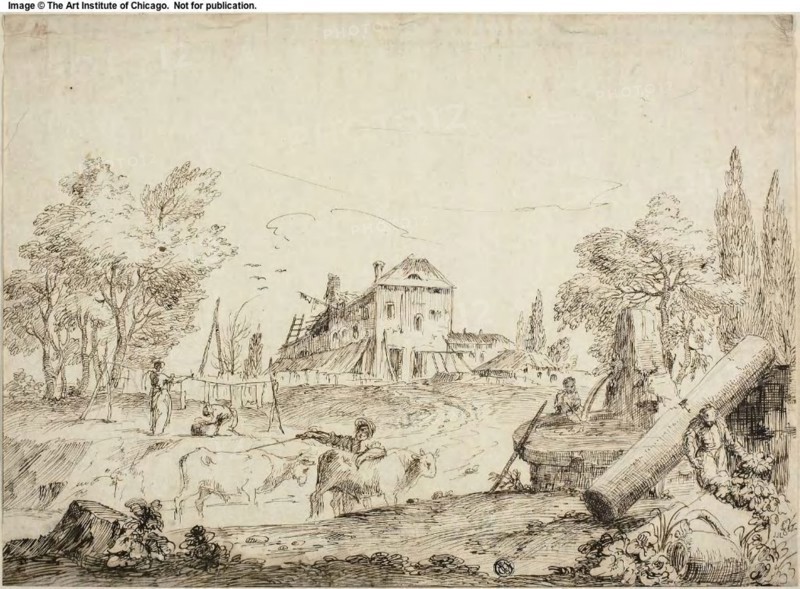 Farmyard Scene, n.d., Attributed to Bernardo Zilotti (Italian, c. 1730-1780/95), or possibly Marco Ricco (Italian, 1676-1729), Italy, Pen and brown ink, over traces of black chalk, on ivory laid paper, 282 x 390 mm