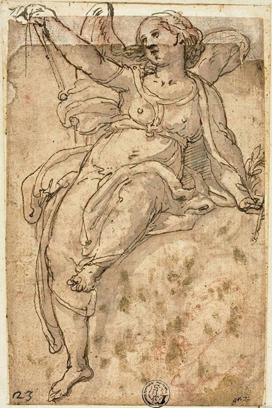 Seated Angel, n.d., After Federico Zuccaro, Italian, 1540/42-1609, Italy, Pen and brown ink with brush and brown wash over red chalk, on tan laid paper, pieced and laid down on buff laid paper, edge mounted to tan laid paper, 148 x 100 mm (max.)