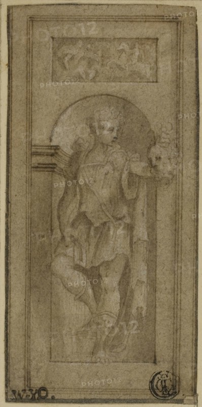 Niche Statue of David with the Head of Goliath, n.d., Possibly Francesco de’Rossi, called Salviati (Italian, 1510-1563), or Giulio Campi (Italian, c. 1508-1573), or Jacopo Sansovino (Italian, 1486-1570), Italy, Pen and brown ink with brush and brown wash, heightened with traces of white gouache, on buff laid paper, laid down on cream card, 129 x 62 mm