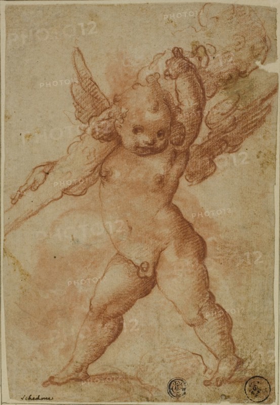 Putto with Club of Hercules, 1575/78, Marco Marchetti, called Marco da Faenza (Italian, c. 1526-1588), or Raffaellino Motta, called da Reggio (Italian, 1550-1578), or Bartolomeo Schedoni (Italian, 1578-1615), or Circle of Cherubino Alberti (Italian, Italy, Red chalk with brush and red chalk wash, on buff laid paper, laid down on cream laid paper, 190 x 129 mm (max.)