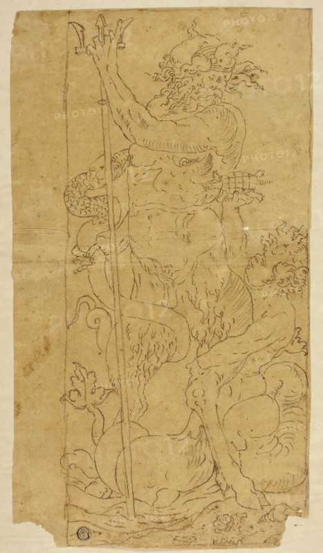 Neptune and Triton, n.d., Unknown Artist, German, late 16th century, Germany, Black crayon on tan laid paper, tipped onto buff wood-pulp laminate board, 365 x 205 mm
