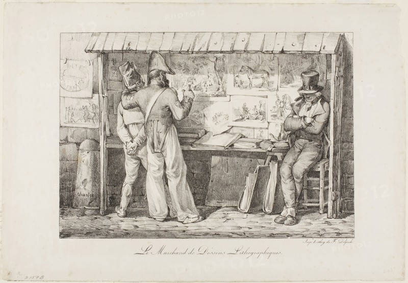 The Lithograph Seller, c. 1819, Nicolas Toussaint Charlet (French, 1792-1845), printed by Francois Seraphin Delpech (French, 1778-1825), France, Lithograph in black on ivory wove paper, 217 × 310 mm (image), 291 × 425 mm (sheet)