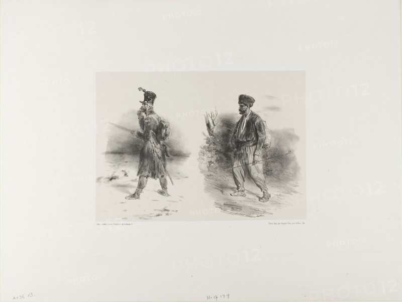 Sheet with Stumped Sketch, 1839, Denis Auguste Marie Raffet (French, 1804-1860), printed by Auguste Bry (French, 19th century), published by Éditeur Leconte (French, 19th century), France, Lithograph in black on gray chine laid down on off-white wove paper, 150 × 235 mm (image), 170 × 238 mm (primary support), 345 × 453 mm (secondary support)