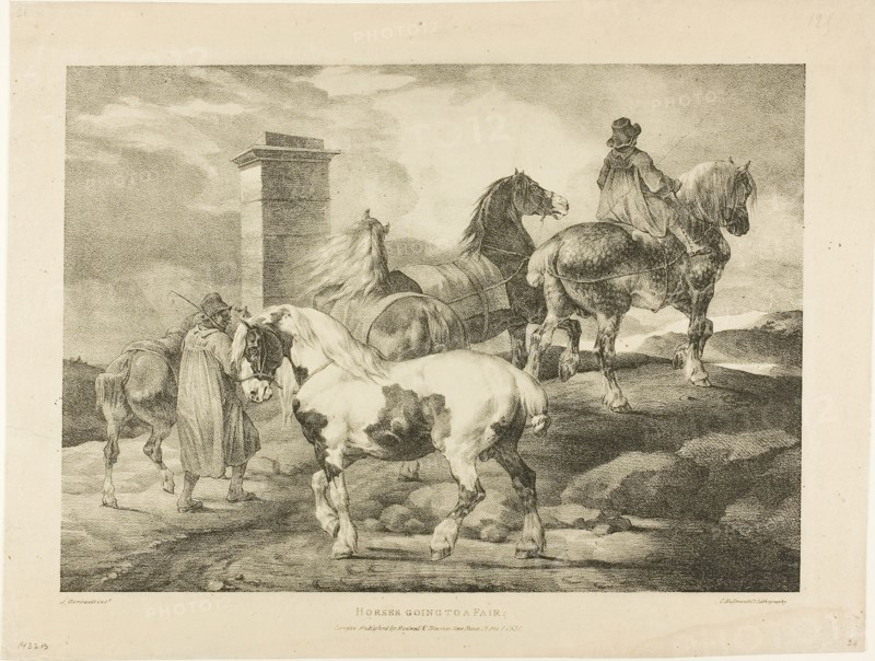 Horses Going to a Fair, plate 3 from Various Subjects Drawn from Life on Stone, 1821, Jean Louis André Théodore Géricault (French, 1791-1824), printed by Charles Joseph Hullmandel (German and English, 1789-1850), published by Rodwell and Martin, France, Lithograph in black on buff wove paper, 254 × 356 mm (image), 318 × 418 mm (sheet)