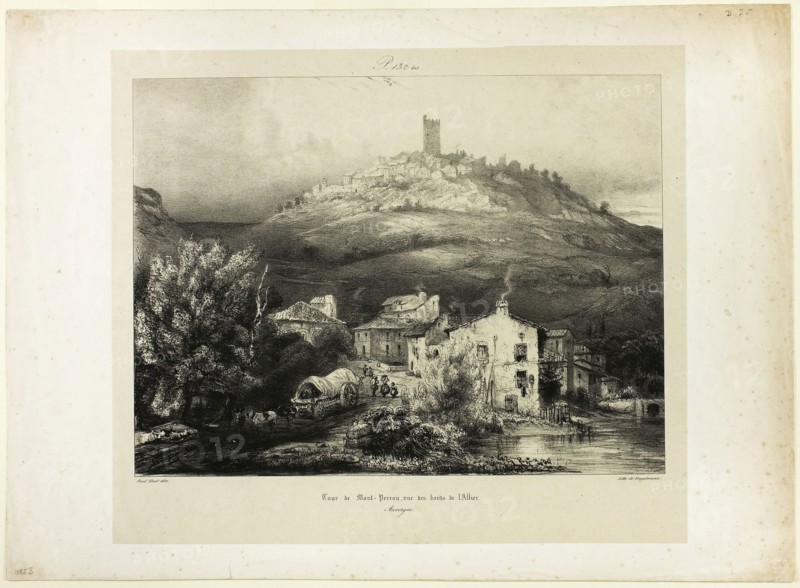 The Tower of Mont-Perrou, Seen from the Banks of the Allier (Auvergne), 1831, Paul Huet (French, 1803-1869), printed by Gottfried Engelmann (French, 1788-1839), France, Lithograph in black on buff China paper, laid down on cream wove paper, 230 × 305 mm (image), 286 × 330 mm (primary support), 332 × 454 mm (secondary support)