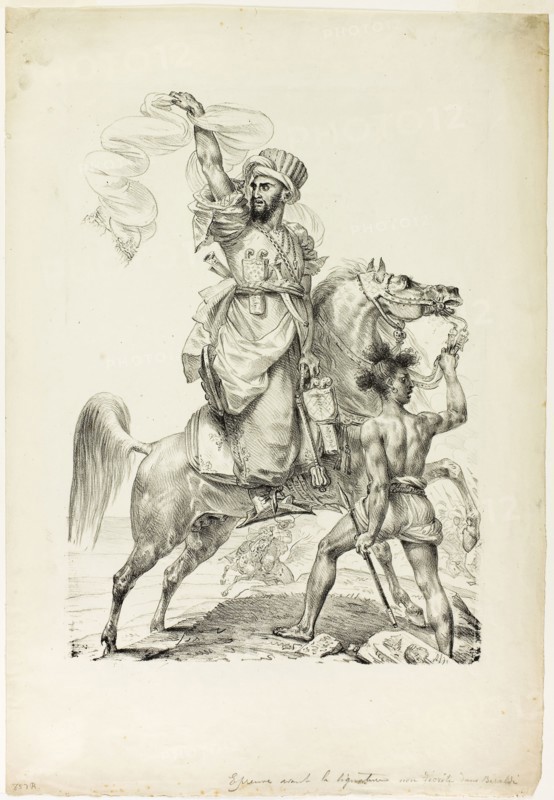 Mounted Mameluke Chieftain Calling for Aid, 1817, Baron Antoine Jean Gros, French, 1771-1835, France, Lithograph in black on cream wove paper, 319 × 233 mm (image), 436 × 299 mm (sheet)