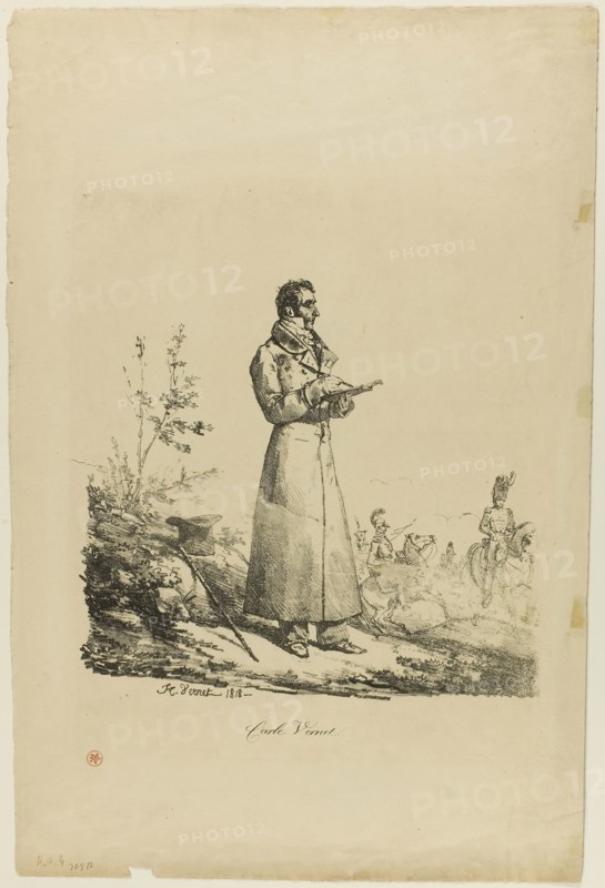 Portrait of Carle Vernet, Standing and Drawing, 1818, Horace Vernet, French, 1789-1863, France, Lithograph in black on tan wove paper, 223 × 248 mm (image), 466 × 315 mm (sheet)