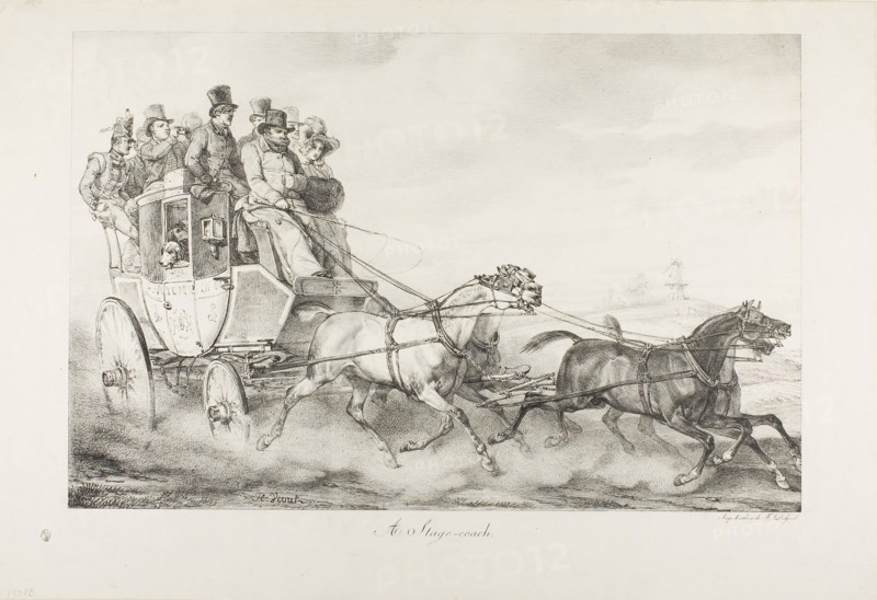 A Stagecoach, 1818, Horace Vernet (French, 1789-1863), printed by Francois Seraphin Delpech (French, 1778-1825), France, Lithograph in black on ivory wove paper, 332 × 509 mm (image), 419 × 614 mm (sheet)
