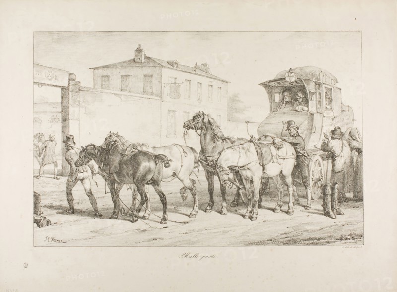 Mail Coach, 1818, Horace Vernet (French, 1789-1863), printed by Francois Seraphin Delpech (French, 1778-1825), France, Lithograph in black on ivory wove paper, 331 × 509 mm (image), 455 × 620 mm (sheet)