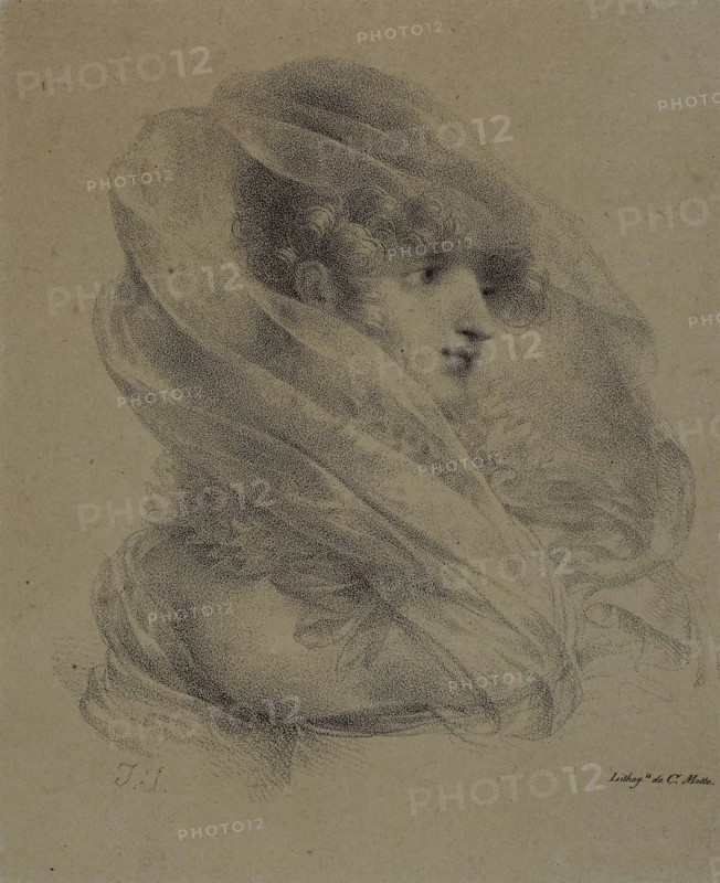 Mme. Ledieu, c. 1820, Jean Baptiste Isabey (French, 1767-1855), printed by Charles Étienne Pierre Motte (French, 1785-1836), France, Lithograph in black on tan China paper, laid down on ivory wove paper, 125 × 112 mm (image), 150 × 123 mm (primary support), 346 × 260 mm (secondary support)