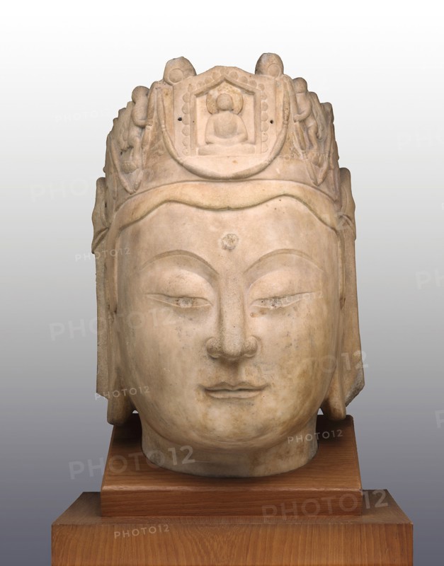 Head of Guanyin, late Northern Qi/Sui dynasty, late 6th century, China, Marble with traces of metal fittings at crown, 68.6 × 43.2 × 45.7 cm (27 1/16 × 17 1/16 × 18 in.)