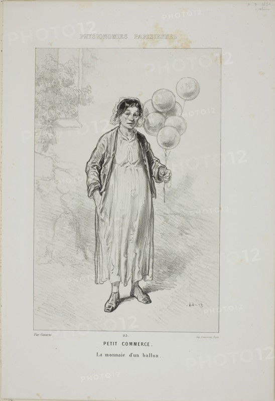 Physionomies Parisiennes: Petit Commerce. La Monnaie d’un Ballon., 1857–58, Paul Gavarni, French, 1804-1866, France, Lithograph in black on light gray China paper laid down on ivory wove paper, 292 × 191 mm (image/chine), 411 × 280 mm (sheet)