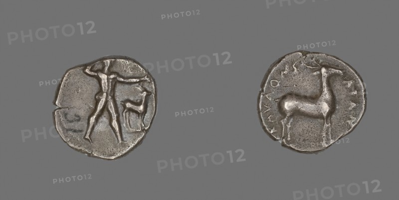 Stater (Coin) Depicting Caulos and Deer, 480/388 BC, Greek, Caulonia, Italy, Caulonia, Silver, Diam. 2.2 cm, 7.80 g
