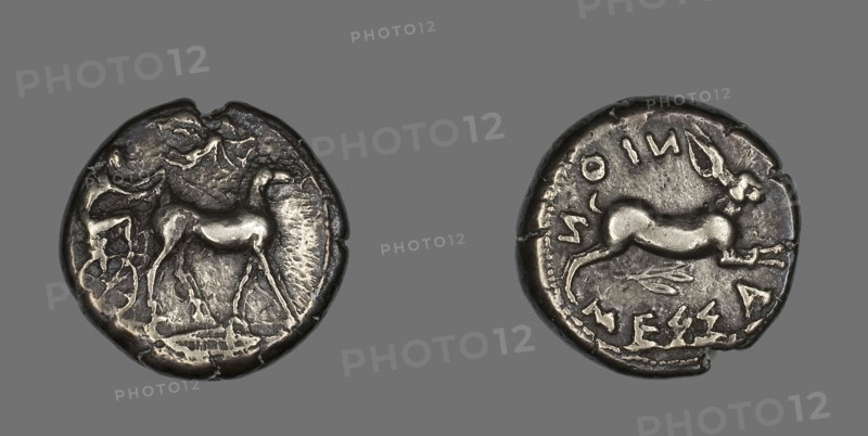 Tetradrachm (Coin) Depicting a Biga of Mules, 476/396 BC, Greek, Messina, Sicily, Messina, Silver, Diam. 2.6 cm, 17.21 g