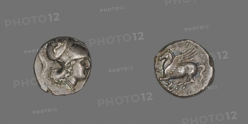 Stater (Coin) Depicting the Goddess Athena, 317/310 BC, Greek, Syracuse, Silver, Diam. 2 cm, 8.66 g