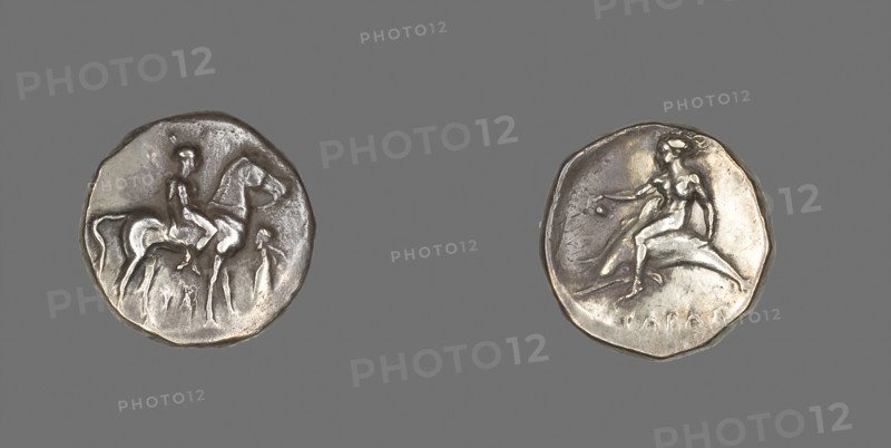 Stater (Coin) Depicting a Horseman, probably 380/345 BC, Greek, minted in Tarentum, Calabria, Italy, Taranto, Silver, Diam. 2.2 cm, 7.78 g
