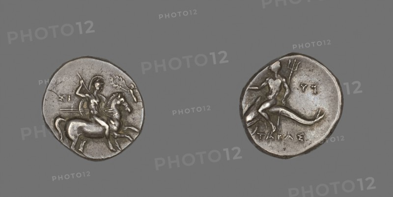 Stater (Coin) Depicting a Horseman, 334/302 BC, Greek, minted in Tarentum, Calabria, Italy, Taranto, Silver, Diam. 2.2 cm, 6.44 g