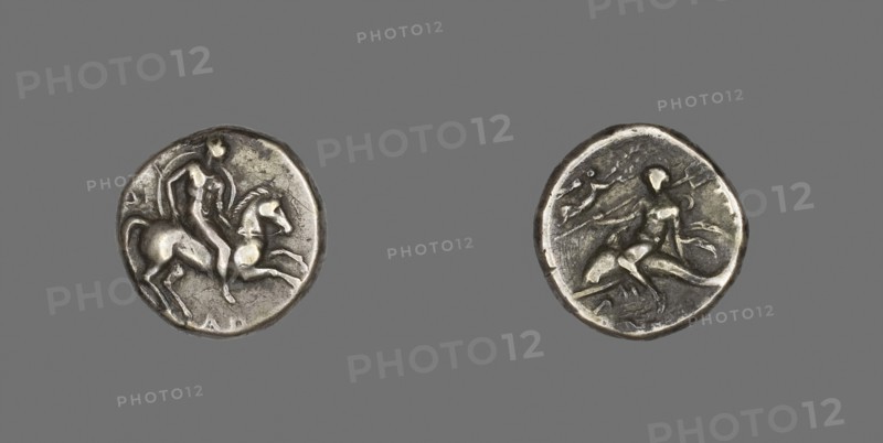 Stater (Coin) Depicting Horseman, 272/235 BC, Greek, minted in Tarentum, Calabria, Italy, Taranto, Silver, Diam. 2 cm, 6.24 g