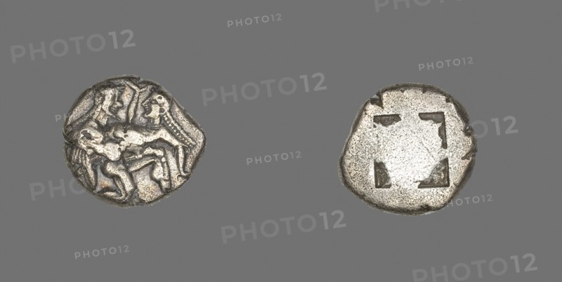 Stater (Coin) Depicting a Satyr and Nymph, 500/463 BC, Greek, minted in Thasos, Thrace, Thásos, Silver, Diam. 2.1 cm, 9.23 g