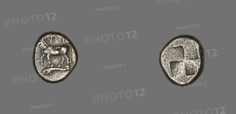 Drachm (Coin) Depicting a Cow with Dolphin below, about 416/357 BC, Greek, Ancient Greece, Silver, Diam. 1.7 cm, 5.15 g
