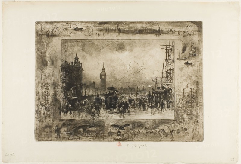Westminster Clock Tower, n.d., Félix Hilaire Buhot, French, 1847-1898, France, Etching, drypoint, roulette and aquatint on ivory laid paper, 284 × 396 mm (plate), 380 × 555 mm (sheet)