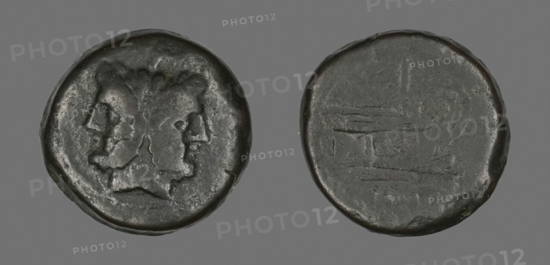 Coin Depicting a Janiform head, about 211/208 BC, Roman, minted in Rome, Roman Empire, Bronze, Diam. 3.7 cm, 44.17 g