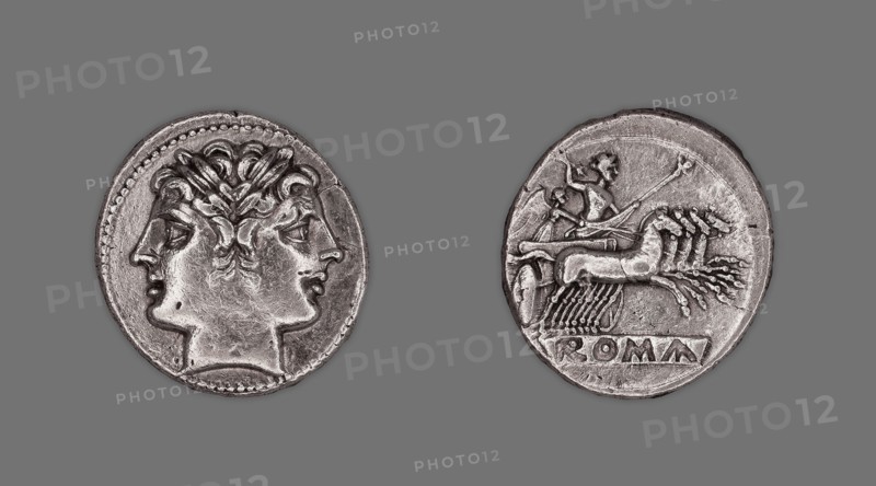 Didrachm (Coin) Depicting the Dioscuri (Castor and Pollux), 225/214 BC, issued by the Roman Republic, Roman, minted in Rome (uncertain), Capua, Silver, Diam. 2.3 cm, 6.62 g