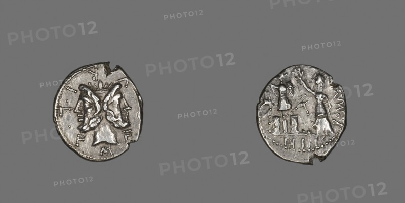 Denarius (Coin) Depicting the God Janus, 119 BC, Roman, minted in Rome, Italy, Silver, Diam. 2 cm, 3.84 g, Kyoto-ware Ko-Kiyomizu Hexagonal Nest of Boxes with Cover, late 17th century, Japan, Porcelain with enamel ecoration, H. 20.3 cm, diam. 17 cm