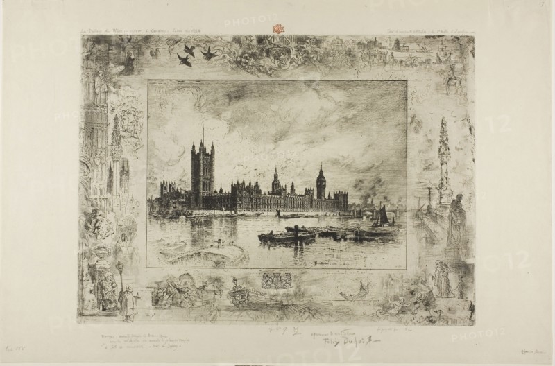 Westminster Palace, 1884, Félix Hilaire Buhot, French, 1847-1898, France, Etching and drypoint on ivory Japanese paper, 294 × 400 mm (plate), 366 × 554 mm (sheet)