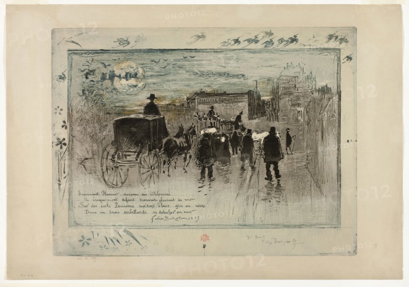 Funeral Procession on the Boulevard Clichy, 1887, Félix Hilaire Buhot, French, 1847-1898, France, Soft ground etching and aquatint, with drypoint and plate tone, inked à la poupée in blue and black, with hand-additions of gold metallic paint, on tan wove paper, 300 × 402 mm (image/plate), 363 × 523 mm (sheet)