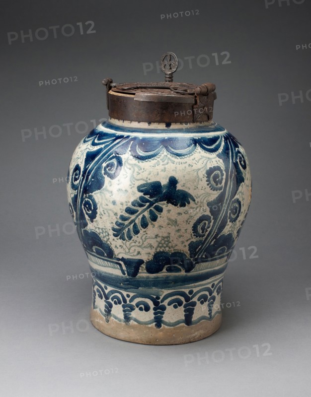Chocolate Jar with Iron-locked Lid, 1725/75, Talavera poblana, Puebla, Mexico, Puebla, Tin-glazed earthenware, 38.1 × 27.9 cm (15 × 11 in.)  [h. 42.6 cm (16 3/4 in.) including key]
