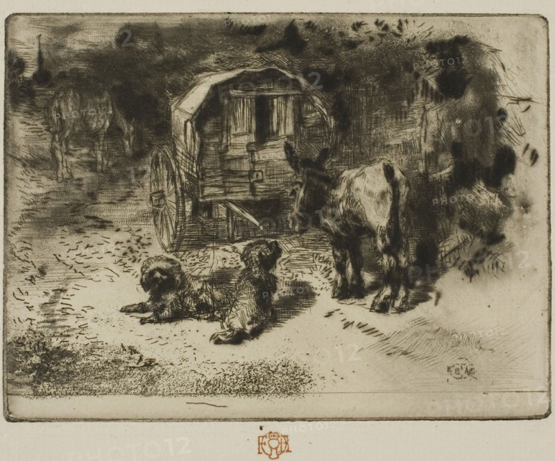 The Guardians of the House, or the Acrobat’s Companions, c. 1877, Félix Hilaire Buhot, French, 1847-1898, France, Drypoint and roulette on ivory laid paper, 86 × 115 mm (image/plate), 157 × 227 mm (sheet)
