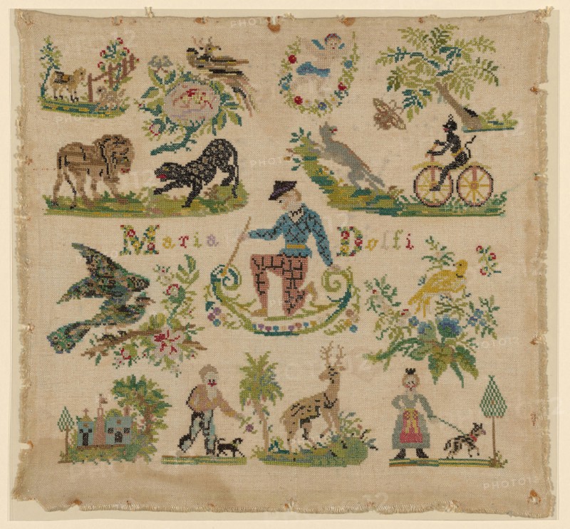 Sampler, Early/mid–19th century, Italy, Linen, plain weave, embroidered with silk in cross stitches, 35.5 x 38.0 cm (14 x 15 in.)