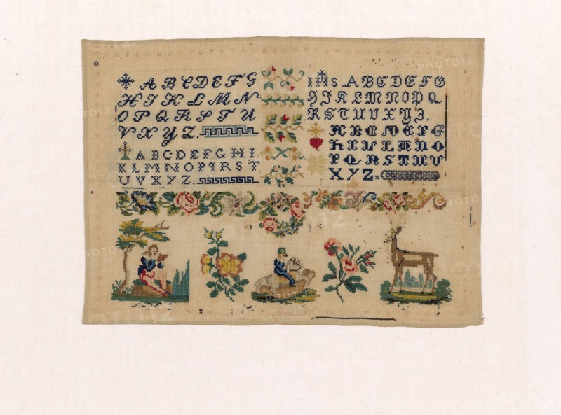 Sampler, 1801/75, Italy, Cotton, plain weave, embroidered with silk in back, cross, and padded cross stitches, 27.9 x 38.5 cm (11 x 15 1/8 in.)