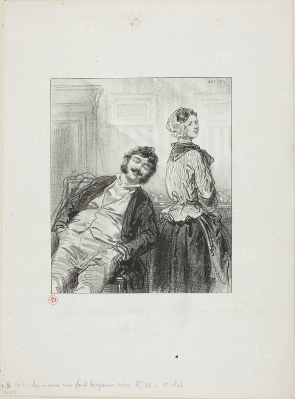 Husbands Always Make Me Laugh: Come, Mme. Rabat-joie, shut up, 1853, Paul Gavarni, French, 1804-1866, France, Lithograph in black on cream wove paper, 191 × 160 mm (image), 352 × 260 mm (sheet)