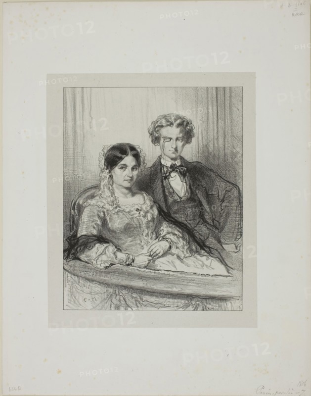 Par-ci, par-là: Phèdre au Théâtre-Francais…, 1857–58, Paul Gavarni, French, 1804-1866, France, Lithograph in black on light gray China paper laid down on ivory wove paper, 201 × 162 mm (image), 230 × 188 mm (chine), 353 × 278 mm (sheet)