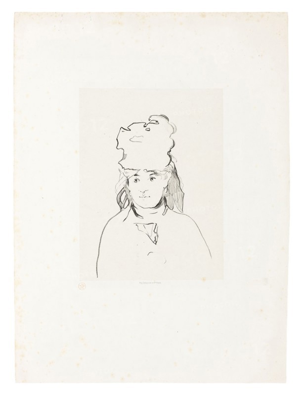 Berthe Morisot in Silhouette, 1872–74, printed 1884, Édouard Manet, French, 1832-1883, France, Lithograph in black on ivory chine, laid down on ivory wove paper (chine collé), 186 × 132 mm (image/plate), 220 × 164 mm (primary support), 425 × 314 mm (secondary support)
