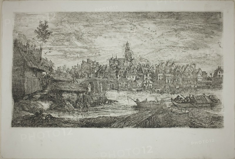 City with Stone Bridge, 1865, Rodolphe Bresdin, French, 1825-1885, France, Etching on white wove paper, 118 × 212 mm (image), 162 × 240 mm (plate/sheet)
