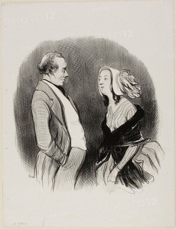 The Engagement of an Artist., So you want an engagement in my theatre….. very well Mademoiselle…… since you are so pretty, it will be 1200 Francs…. that’s of course what you will be paying me each year!, I accept… under the condition that I will not get a raise!, plate 72 from Les Beaux Jours De La Vie, 1845, Honoré Victorin Daumier, French, 1808-1879, France, Lithograph in black on white wove paper, 245 × 232 mm (image), 349 × 265 mm (sheet)