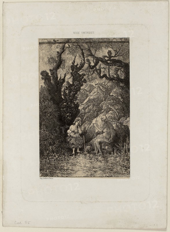 Death and the Young Mother, from Revue Fantaisiste, 1861, Rodolphe Bresdin, French, 1825-1885, France, Etching and roulette on cream China paper laid down on white wove paper, 137 × 88 mm (image/chine), 170 × 123 mm (plate), 220 × 159 mm (sheet)