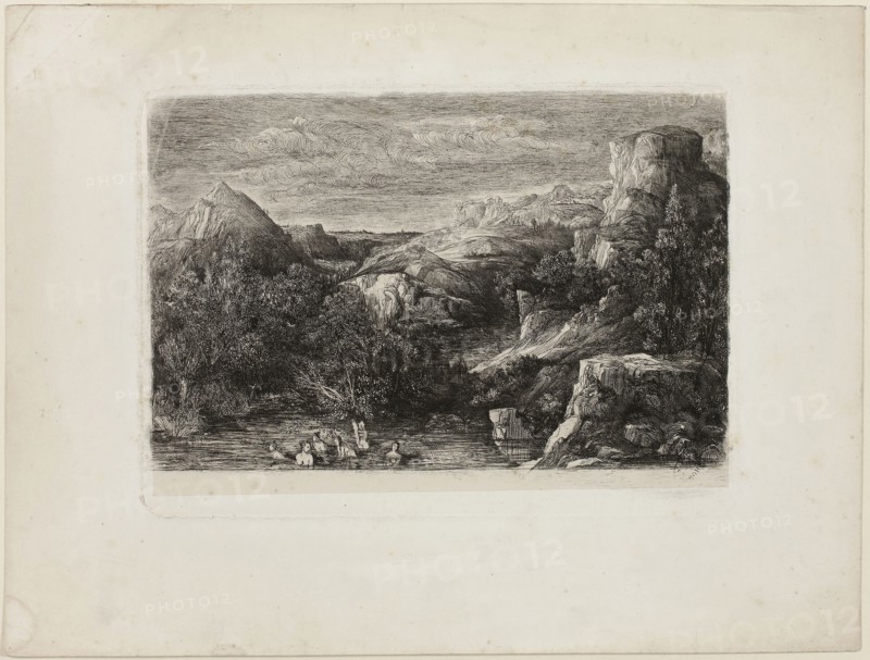 Bathers in a Mountain Pool, 1865, Rodolphe Bresdin, French, 1825-1885, France, Etching and roulette on ivory China paper laid down on white wove paper, 159 × 243 mm (image), 180 × 251 mm (plate), 275 × 361 mm (sheet)